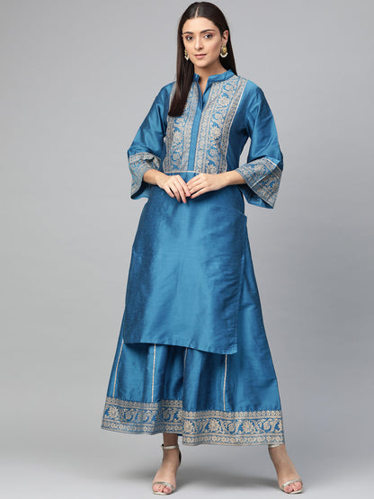 Women's Blue And Golden Yoke Design Foil Print Kurta With Palazzos