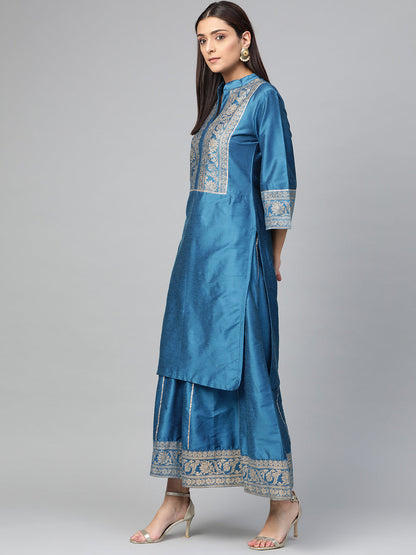 Women's Blue And Golden Yoke Design Foil Print Kurta With Palazzos