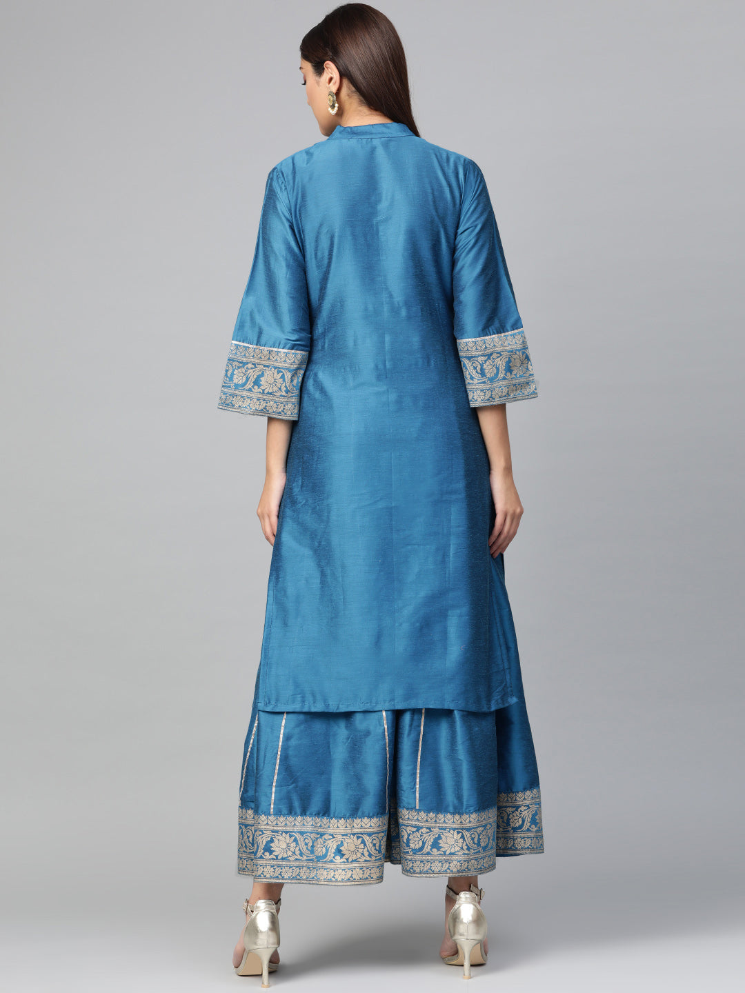 Women's Blue And Golden Yoke Design Foil Print Kurta With Palazzos
