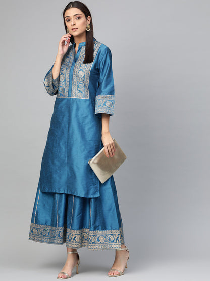 Women's Blue And Golden Yoke Design Foil Print Kurta With Palazzos