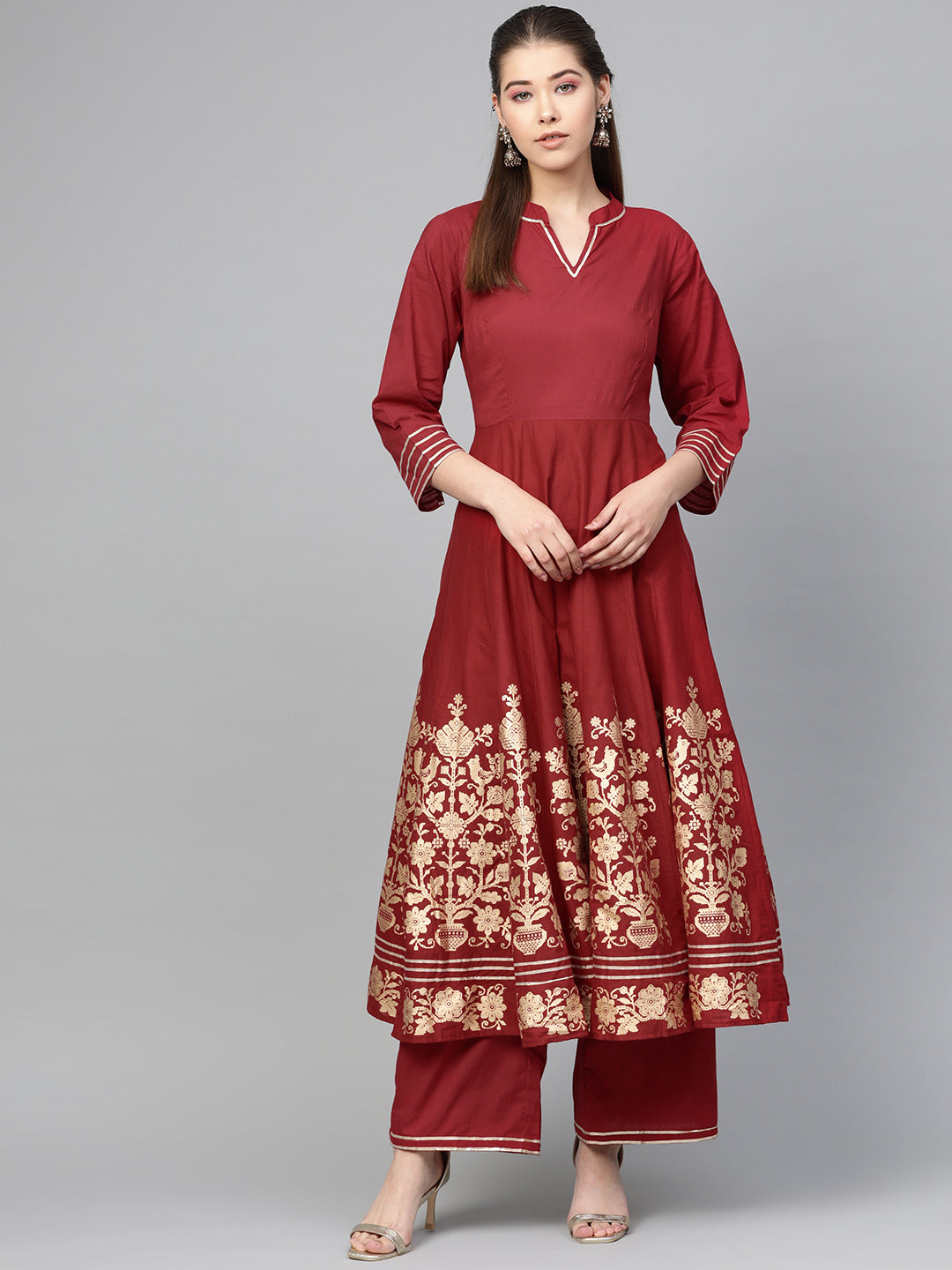 Women's Maroon And Golden Printed Kurta With Palazzos