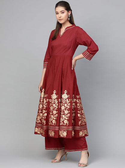 Women's Maroon And Golden Printed Kurta With Palazzos