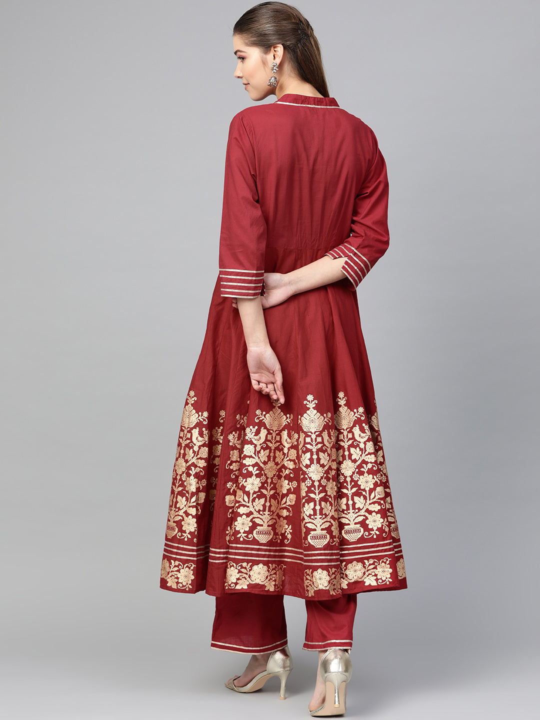 Women's Maroon And Golden Printed Kurta With Palazzos