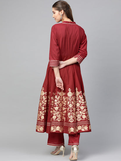 Women's Maroon And Golden Printed Kurta With Palazzos