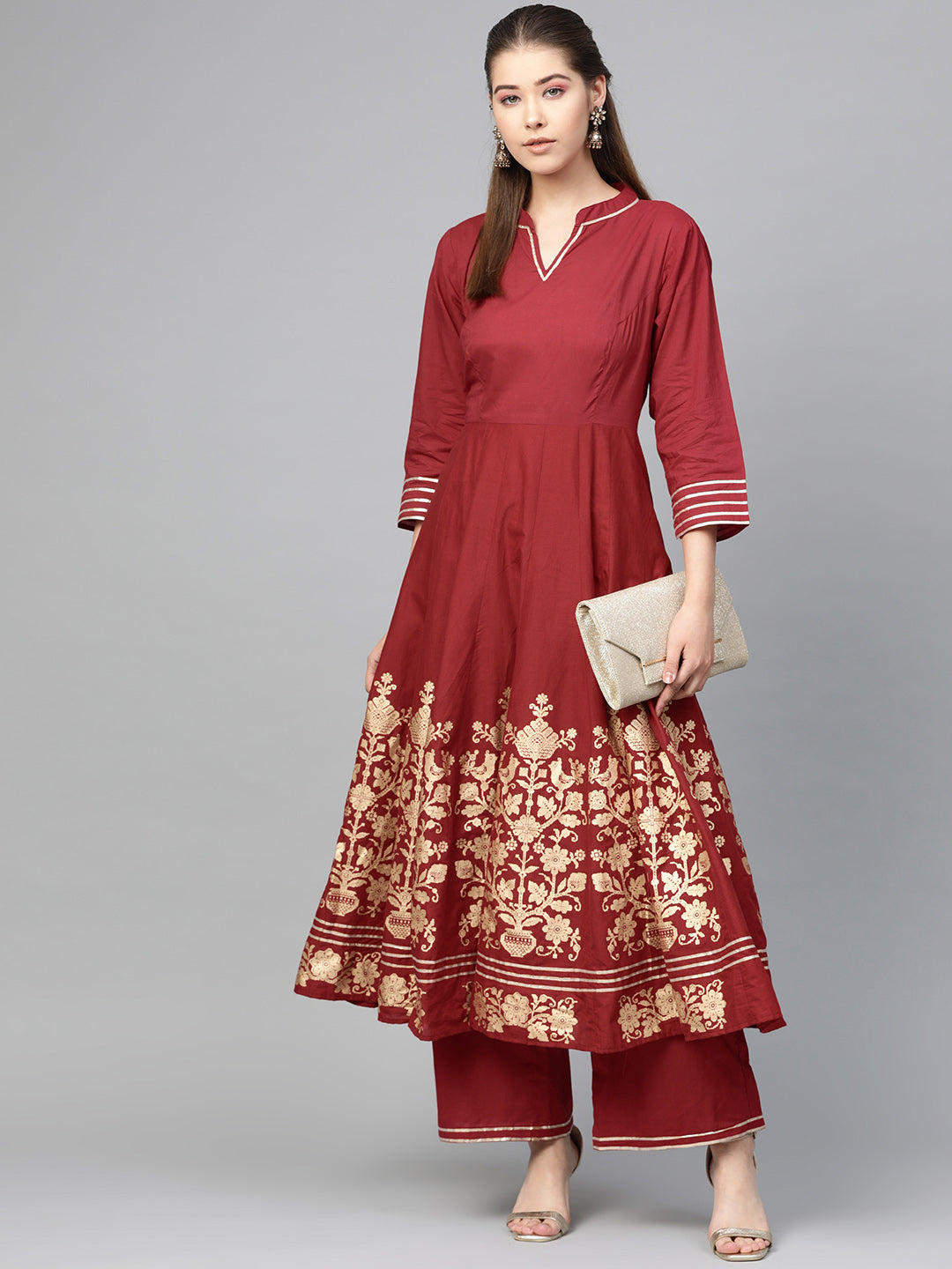 Women's Maroon And Golden Printed Kurta With Palazzos