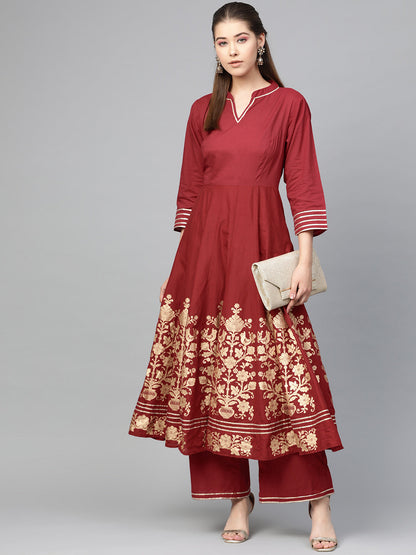 Women's Maroon And Golden Printed Kurta With Palazzos