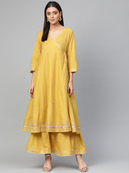 Women's Mustard Yellow Solid Gotta Detailing Kurta & Mustard Gotta Lace Skirt