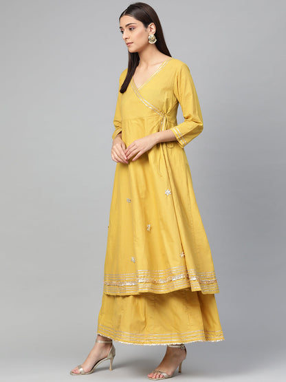 Women's Mustard Yellow Solid Gotta Detailing Kurta & Mustard Gotta Lace Skirt