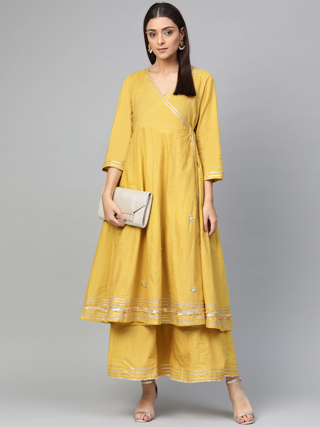 Women's Mustard Yellow Solid Gotta Detailing Kurta & Mustard Gotta Lace Skirt