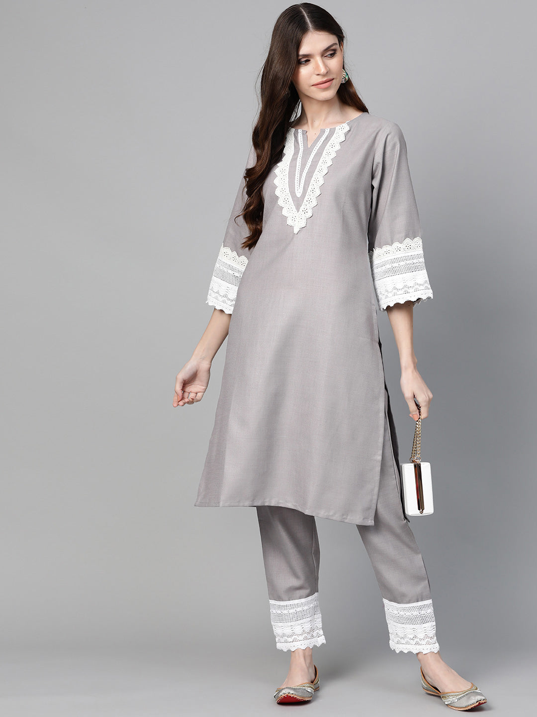 Women's Grey Solid Kurta & Trousers With Lace Insert Detail