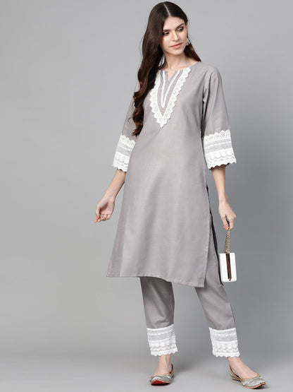 Women's Grey Solid Kurta & Trousers With Lace Insert Detail