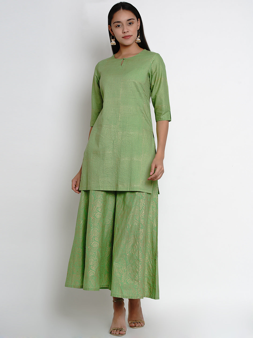 Women's Green And Gold-Toned Striped Kurta With Palazzos