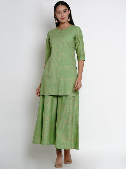 Women's Green And Gold-Toned Striped Kurta With Palazzos