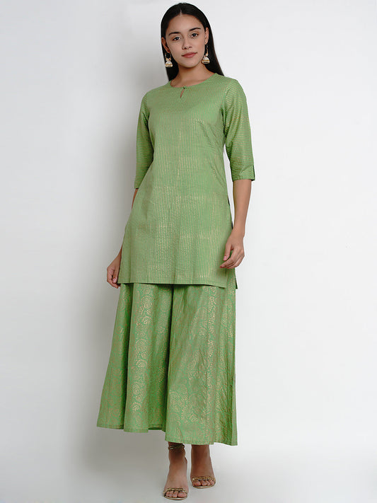 Women's Green And Gold-Toned Striped Kurta With Palazzos