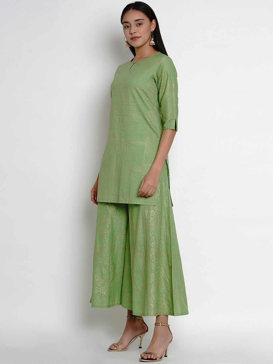 Women's Green And Gold-Toned Striped Kurta With Palazzos