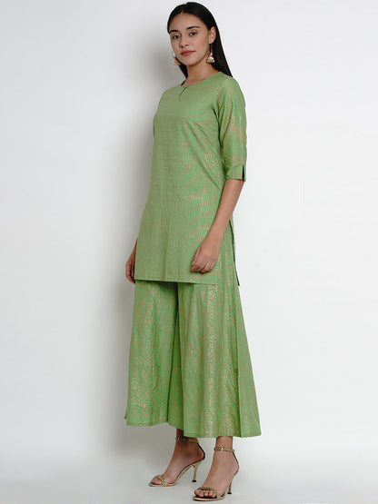 Women's Green And Gold-Toned Striped Kurta With Palazzos