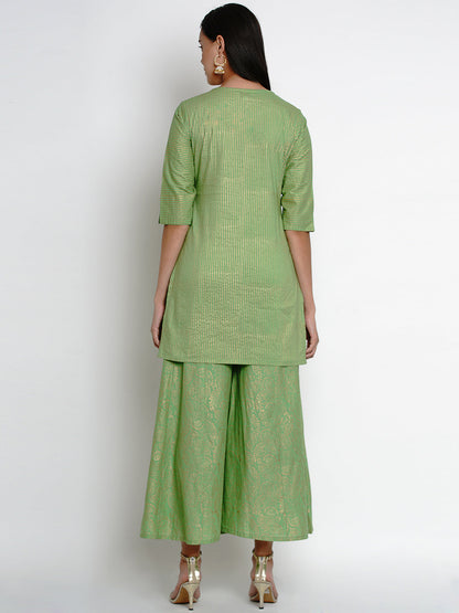 Women's Green And Gold-Toned Striped Kurta With Palazzos