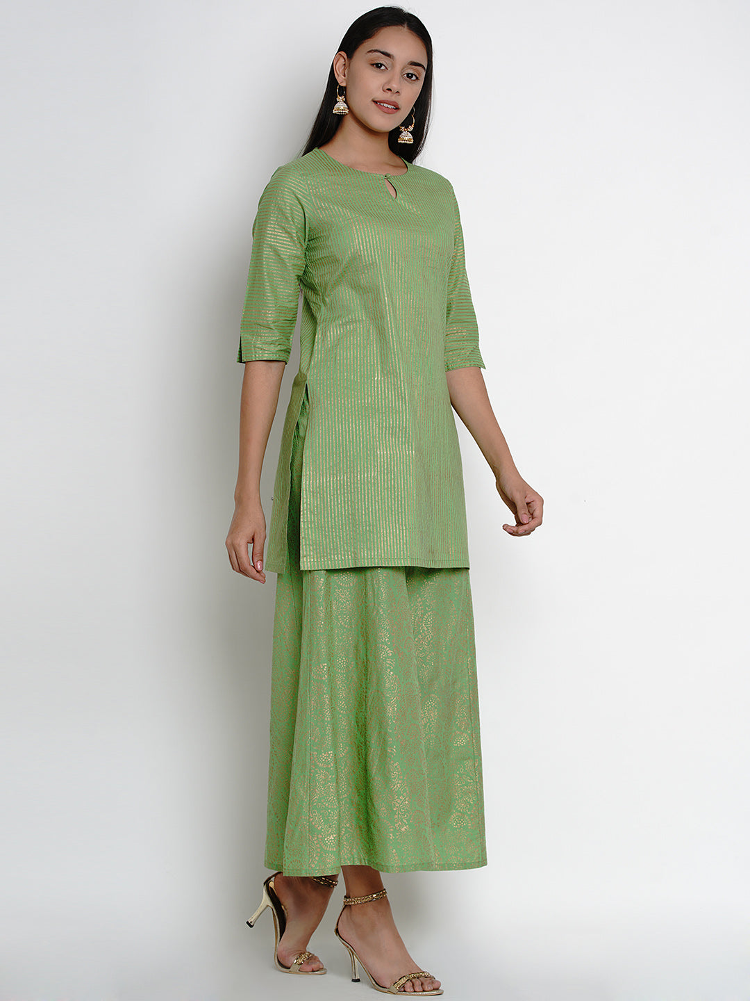 Women's Green And Gold-Toned Striped Kurta With Palazzos
