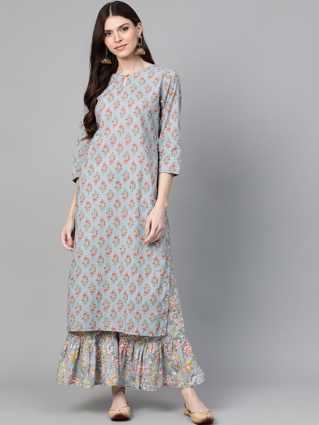 Women's Grey And Pink Floral Print Kurta With Palazzos