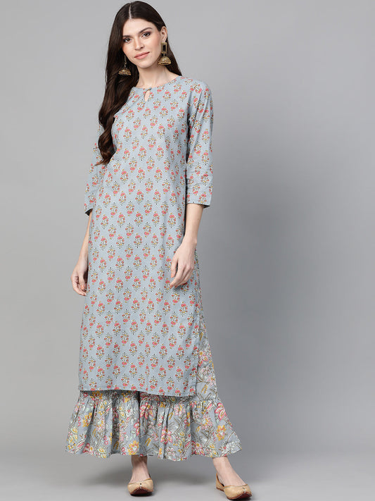 Women's Grey And Pink Floral Print Kurta With Palazzos