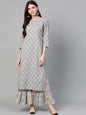 Women's Grey And Pink Floral Print Kurta With Palazzos