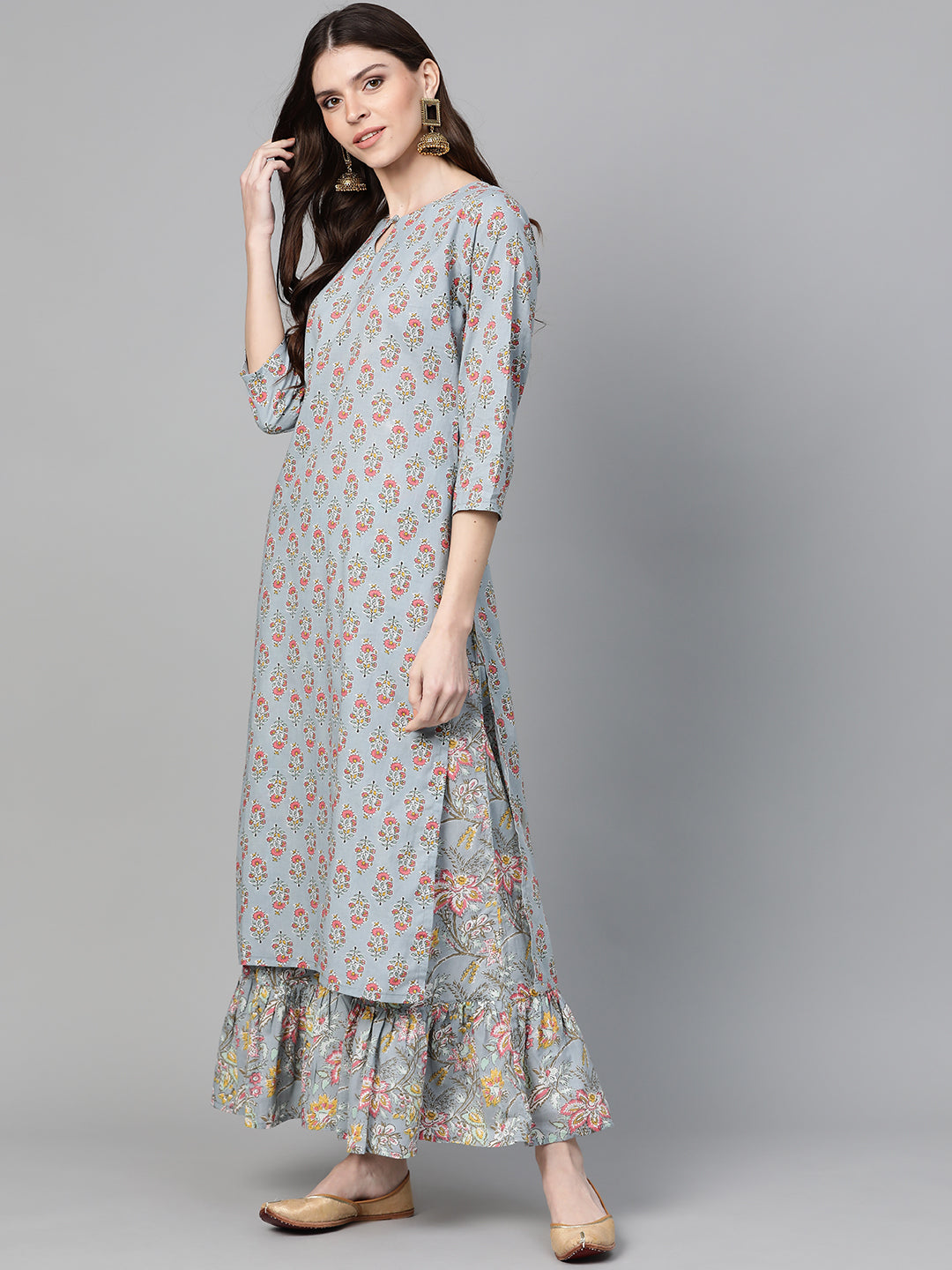 Women's Grey And Pink Floral Print Kurta With Palazzos