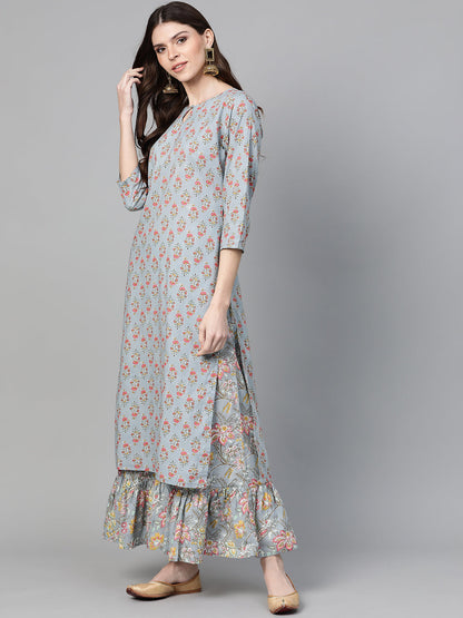 Women's Grey And Pink Floral Print Kurta With Palazzos