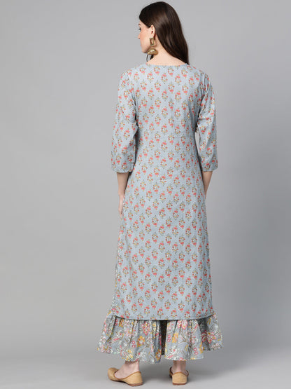 Women's Grey And Pink Floral Print Kurta With Palazzos
