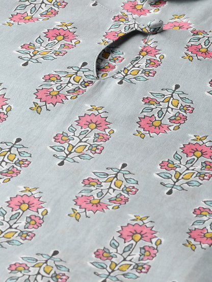 Women's Grey And Pink Floral Print Kurta With Palazzos