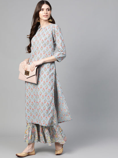 Women's Grey And Pink Floral Print Kurta With Palazzos