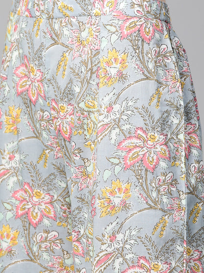 Women's Grey And Pink Floral Print Kurta With Palazzos