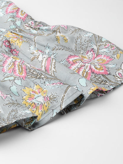 Women's Grey And Pink Floral Print Kurta With Palazzos