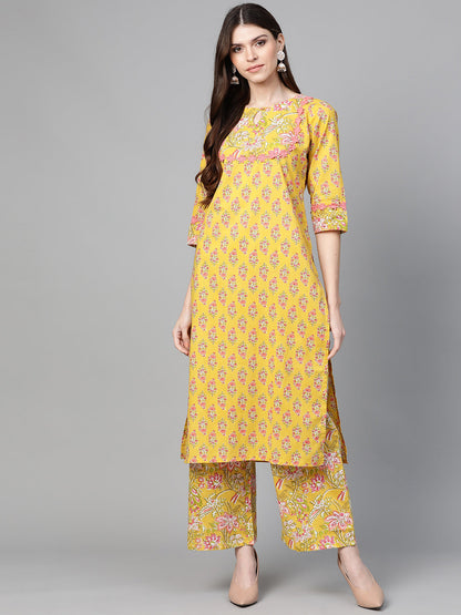 Women's Mustard Yellow And Coral Pink Floral Print Kurta With Palazzos