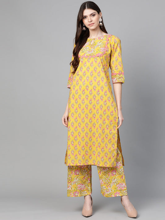 Women's Mustard Yellow And Coral Pink Floral Print Kurta With Palazzos