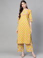 Women's Mustard Yellow And Coral Pink Floral Print Kurta With Palazzos