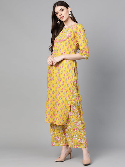 Women's Mustard Yellow And Coral Pink Floral Print Kurta With Palazzos
