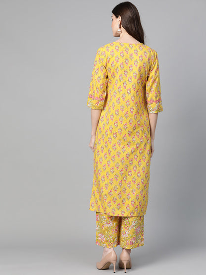 Women's Mustard Yellow And Coral Pink Floral Print Kurta With Palazzos