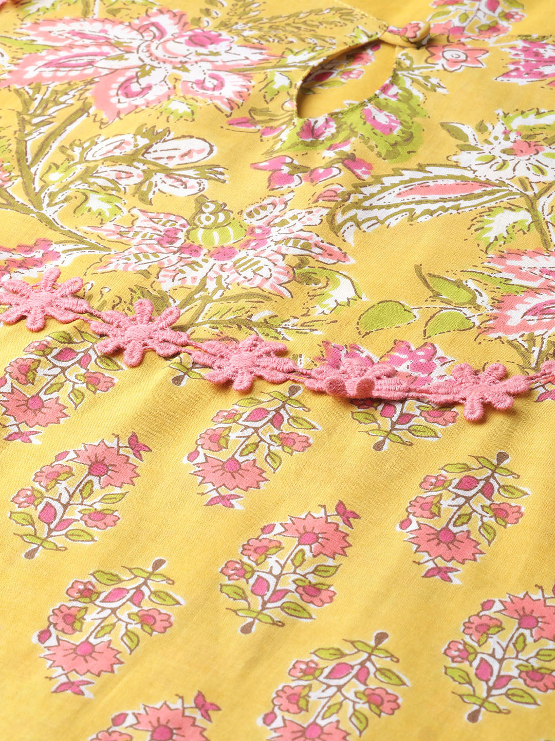 Women's Mustard Yellow And Coral Pink Floral Print Kurta With Palazzos