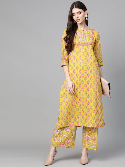 Women's Mustard Yellow And Coral Pink Floral Print Kurta With Palazzos