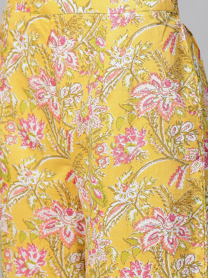 Women's Mustard Yellow And Coral Pink Floral Print Kurta With Palazzos