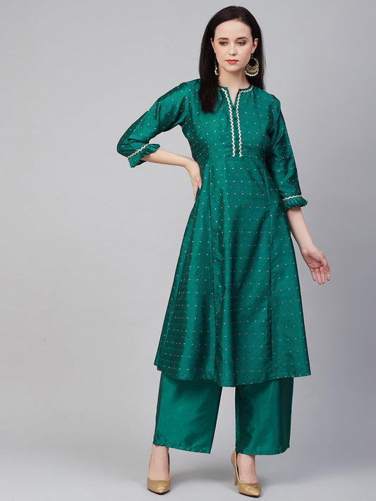 Women's Green And Golden Woven Design Kurta With Palazzos