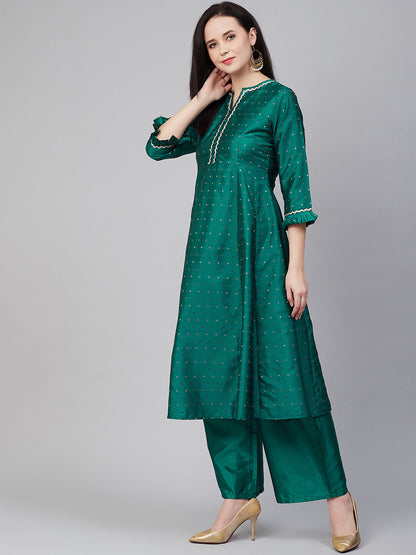 Women's Green And Golden Woven Design Kurta With Palazzos