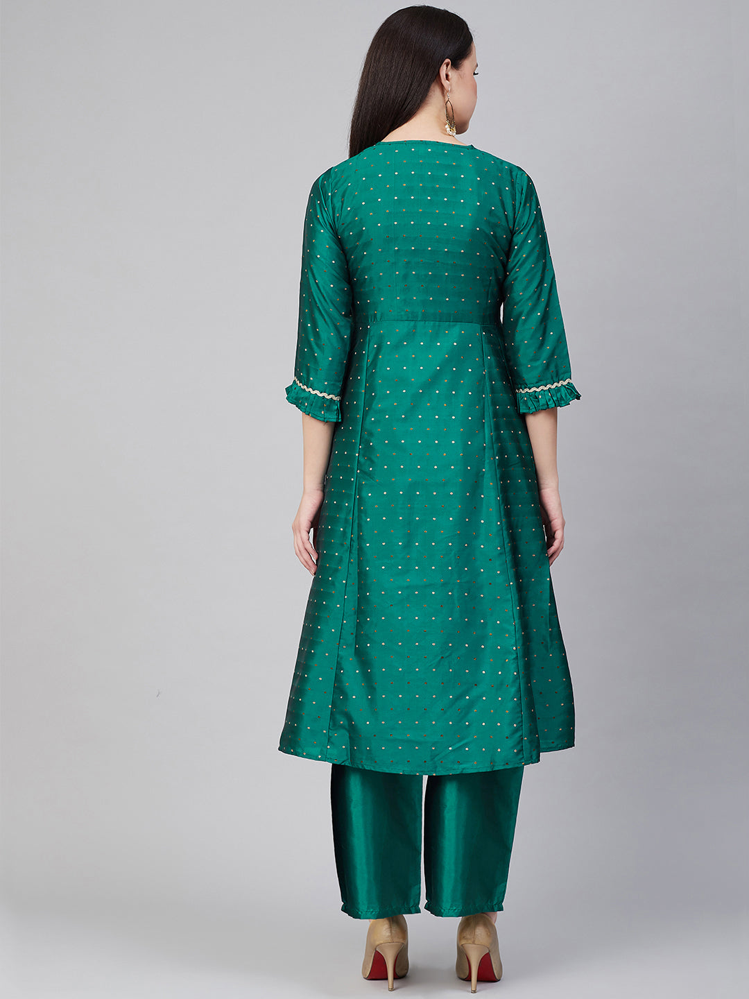 Women's Green And Golden Woven Design Kurta With Palazzos