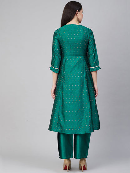 Women's Green And Golden Woven Design Kurta With Palazzos