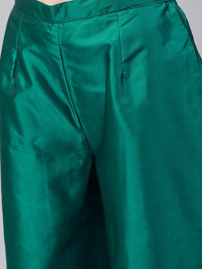 Women's Green And Golden Woven Design Kurta With Palazzos