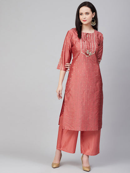 Women's Peach Gotta Patti Lace Details Kurta With Palazzos