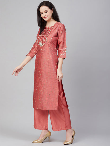 Women's Peach Gotta Patti Lace Details Kurta With Palazzos