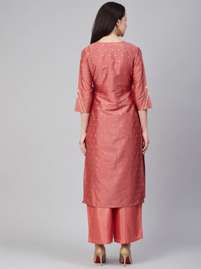 Women's Peach Gotta Patti Lace Details Kurta With Palazzos