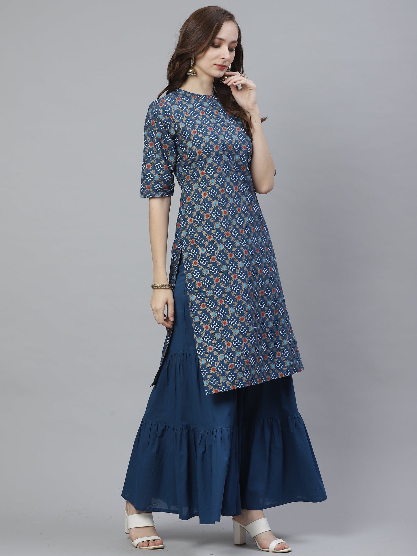 Women's Blue, Golden And White Bandhani Screen Printed Kurta With Sharara