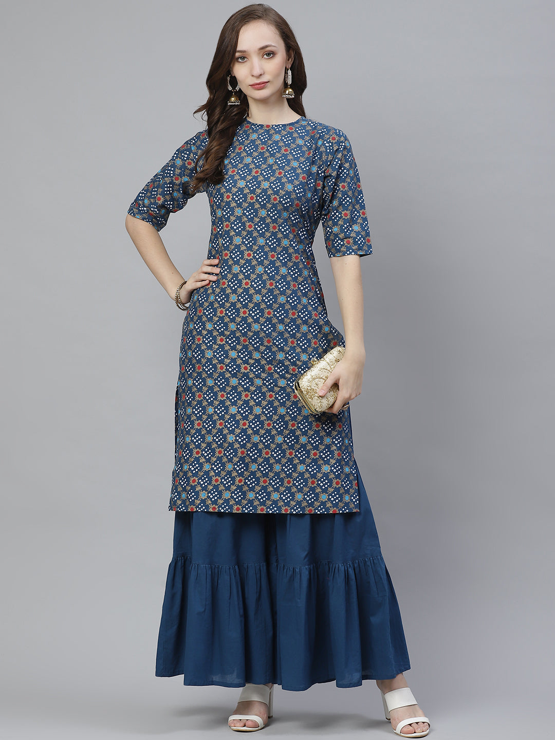 Women's Blue, Golden And White Bandhani Screen Printed Kurta With Sharara